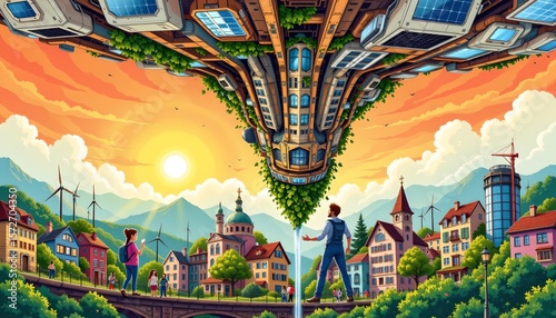 a surreal cityscape with an architectural anomaly: an upside down house floating in the sky above a quaint village below