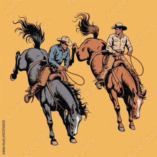Dynamic Rodeo Illustration of Bucking Broncos with Riders – Western Style Side Profile

