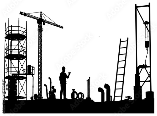 Industrial construction site silhouette with workers and a crane actively building an urban tower