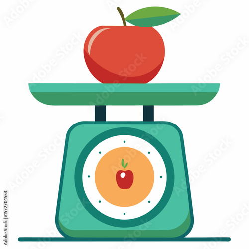 A kitchen scale with an apple, isolated on a white background, for cooking, healthy eating, measurement, or diet.