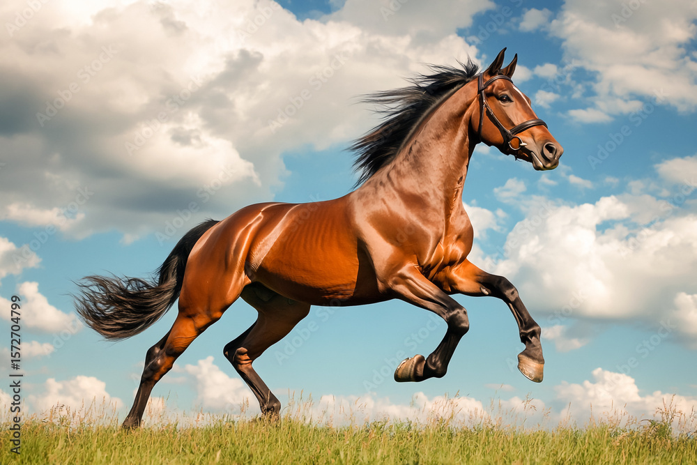 Obraz premium Brown horse galloping on grassy field under cloudy sky
