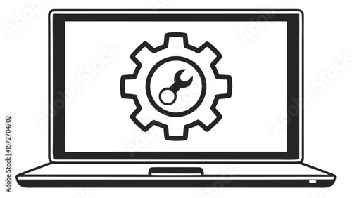 Laptop computer screen displays a gear with a wrench symbolizing technical support or repair