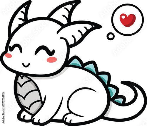cute little dragon dreaming with heart bubble background