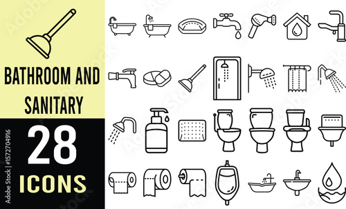 Bathroom Fixtures, Plumbing, and Sanitation Icons: A Comprehensive Line Art Collection