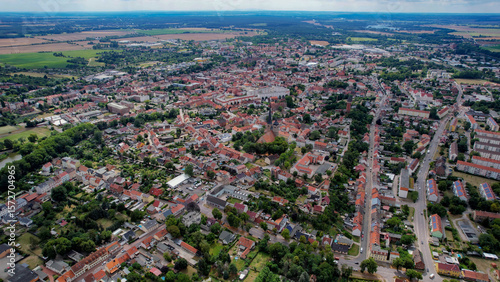 Aerial panorama view around the old town in the city burg bei Magdeburg on an sunny spring day in Germany	