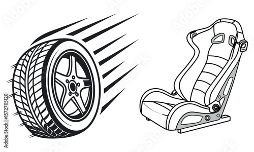Racing tire and bucket seat vector graphics isolated on white background