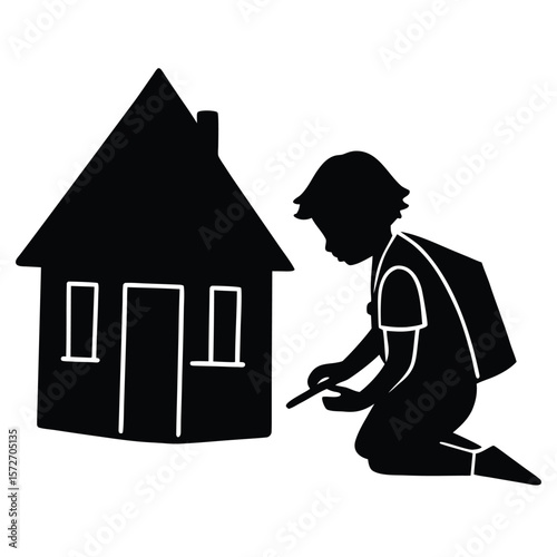 Child Drawing House with Chalk Silhouette Imagination Backpack Black Vector Art