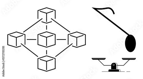 Interconnected blocks representing blockchain technology, a judges gavel, and balanced scales. Ideal for justice, law, technology, trust, fairness innovation data security. Minimal simple flat