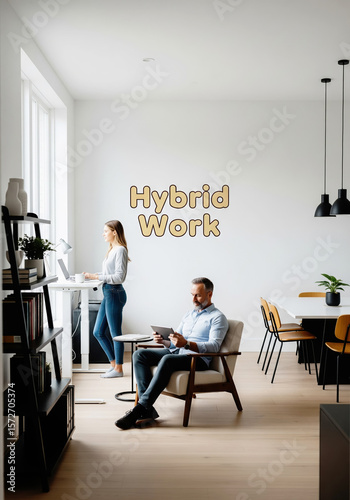 A man and woman demonstrate a hybrid work model in a stylish, flexible office space with one at a standing desk and one in a chair.