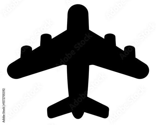 Black silhouette representation of a four engine propeller airplane in flight