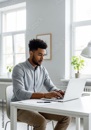 A focused young Black man working remotely on his laptop in a modern home office.