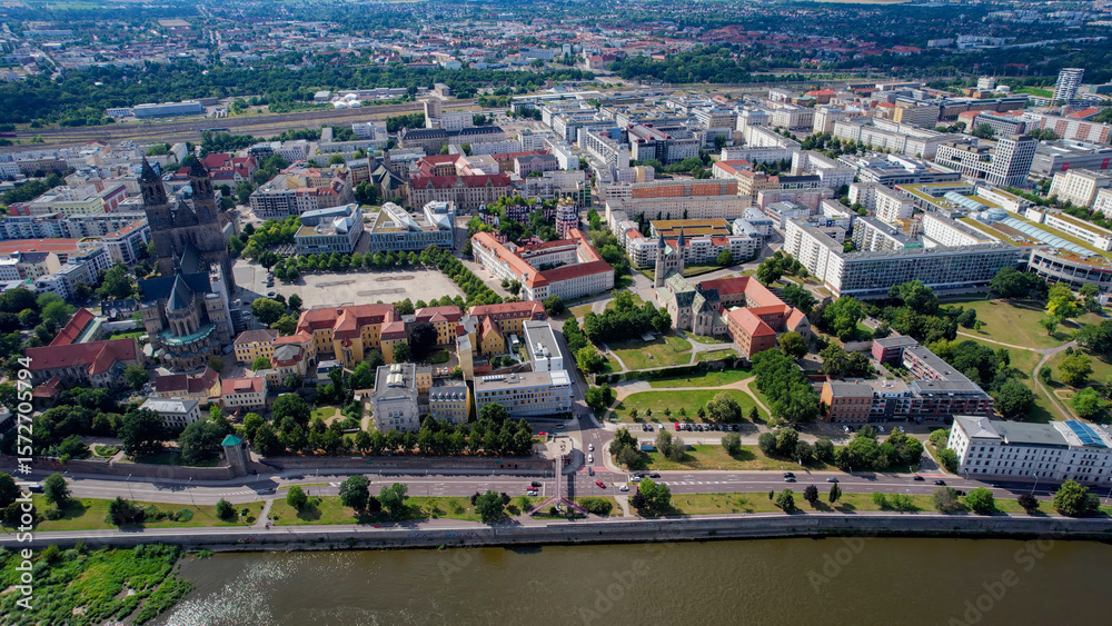 Fototapeta premium Aerial panorama view around the old town in the city Magdeburg on an sunny spring day in Germany