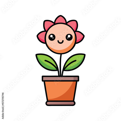 cute potted flower with smiling face and little leaves
