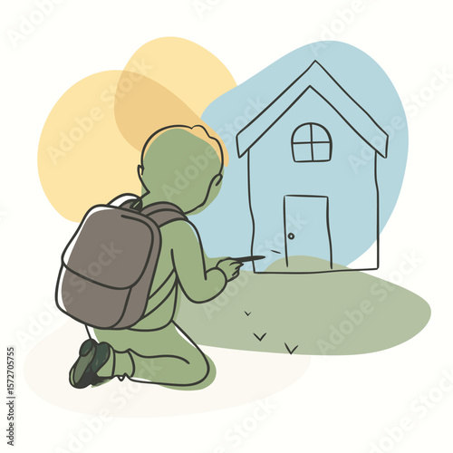 Child s Imagination Silhouette of a Kid Drawing a House with Chalk