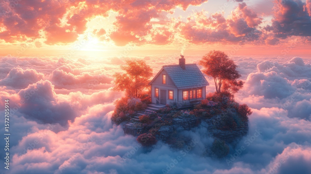 Fantasy House on Floating Island Above Clouds at Sunset fantasy house clouds sunset dream surreal ai Fantasy House on Floating Island Above Clouds at Sunset fantasy house clouds sunset dream surreal ai