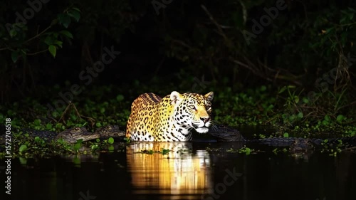 Jaguar and crocodiles in dark water surrounded by plants