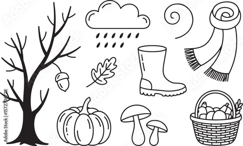 Autumn Season Elements Pattern: Rain, Boots, Pumpkin, Mushroom, and Leaves

