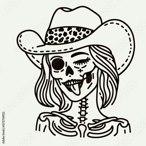 Cowgirl Female skeleton with leopard print Winking Face Tongue. Cowboy Western American Cartoon Animal Clipart Line Art Vector Illustration. .