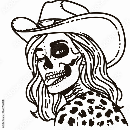 Cowgirl Female skeleton with leopard print Winking Face Tongue. Cowboy Western American Cartoon Animal Clipart Line Art Vector Illustration. .