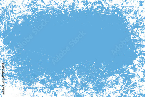 Hand drawn grunge frame background. Blue and white colors. Distress weathered rough overlay texture with scratch lines. Grunge frame design with white paint spots. Winter texture 