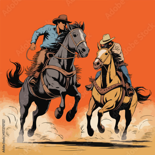 Dynamic Rodeo Illustration of Bucking Broncos with Riders – Western Style Side Profile

