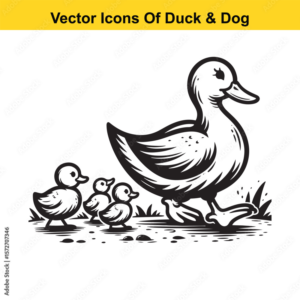 Obraz premium Dog and Duck Vector Illustration Bundle – Hunting, Wildlife, and Animal Interaction Poses