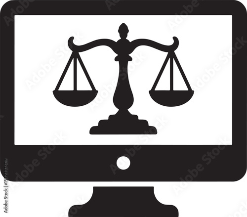 Online Legal Scales: Justice, Law, and Digital Court System on Monitor

