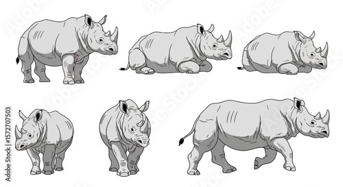 Indian rhinoceros in various poses depicting movement and stance  