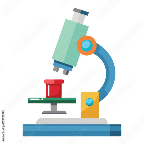 A microscope with a slide inserted, on a plain white surface, for science, biology, research, or discovery.