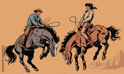 Dynamic Rodeo Illustration of Bucking Broncos with Riders – Western Style Side Profile

