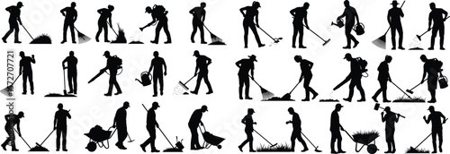 Gardener and Landscaper Silhouette Set. Man Working in Yard, Raking Leaves with Rake and Leaf Blower. Autumn Cleanup Vector Icon Collection.