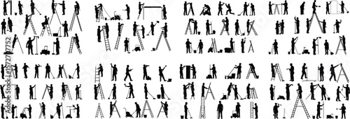 Painter Worker Silhouette Set. Man Painting Wall, Climbing Ladder for Home Improvement and Renovation. Vector Icon Collection.
