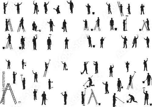 Painter Worker Silhouette Set. Man Painting Wall, Climbing Ladder for Home Improvement and Renovation. Vector Icon Collection.