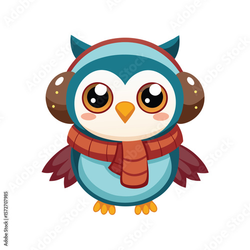 cute winter owl with a scarf and earmuffs kawaii style