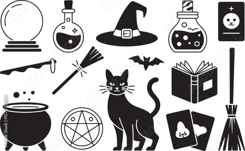 Spooky Halloween Icons Set: Witch Hat, Black Cat, Potion, and Bat Symbols

