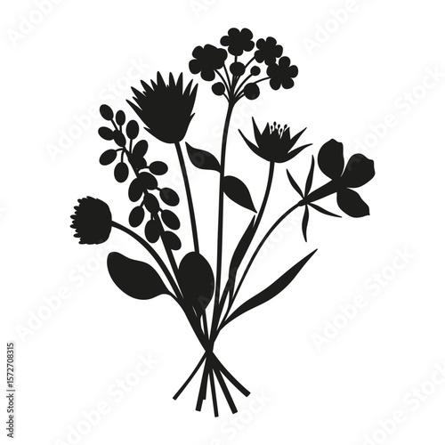 Wildflowers silhouette bouquet. Hand-drawn muscari, forget-me-not, meadow flowers, herbs, and wild plants. Botanical elements for design projects. Minimal style, vector illustration