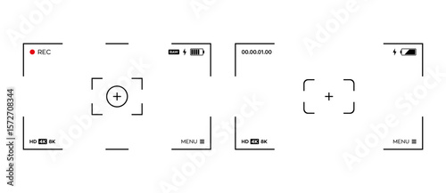 Video camera frame viewfinder screen design set. 4K camera recording, display, full HD format, digital display interface for overlay use. Red rec icon, timing, video screen transparent PNG, and vector