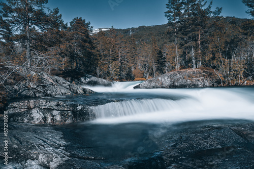 long exposure waterfall in norway with trees in background