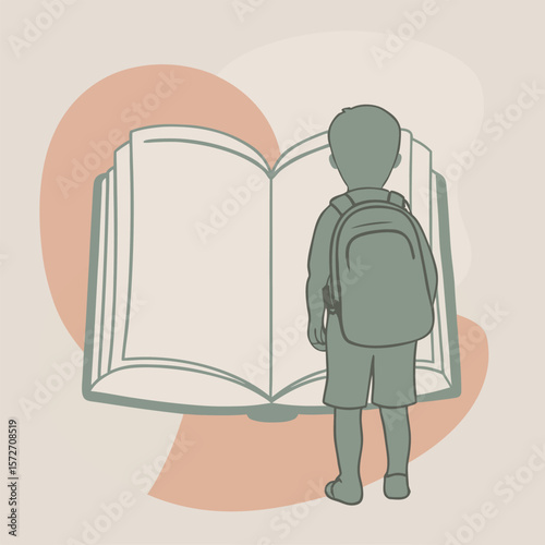 Silhouette of Child with Backpack Studying Open Book