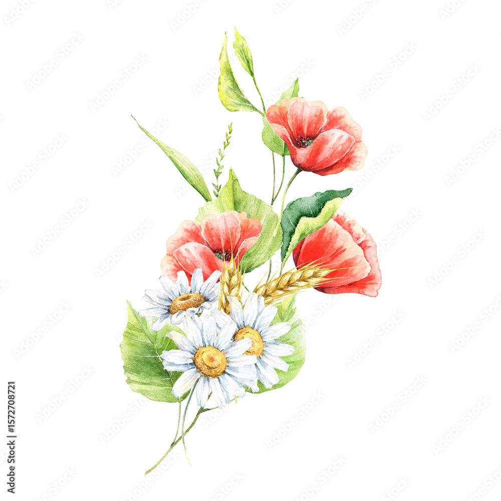 Obraz premium Watercolor floral bouquet. Poppy, chamomile, daisy, wheat, birch leaves illustration. Hand painted clipart with field flowers, herbs, greenery isolated on white. Summer botanical print