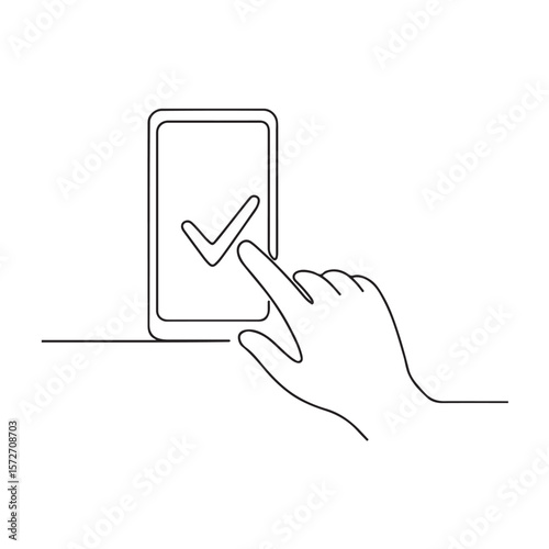 Wallpaper Mural One Line Drawing of Hand Touching Smartphone Screen with Check Mark Torontodigital.ca
