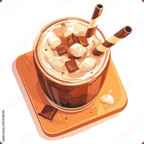 Top view of chocolate milkshake with marshmallows and straw, vector illustration in warm color palette.
Vector illustration of chocolate dessert on white background