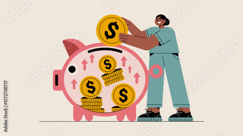 woman putting coin in piggy bank, vector illustration for personal savings, compound interest and financial planning