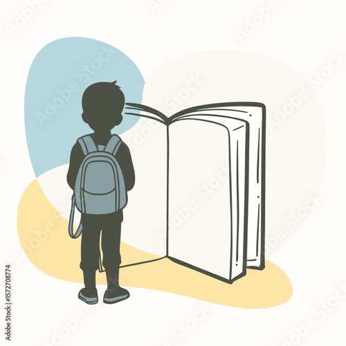 Silhouette of a child studying with open book and backpack