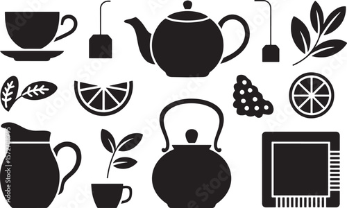 Tea Time Icons Pattern: Teapot, Cups, Lemon Slices, and Herbal Beverages

