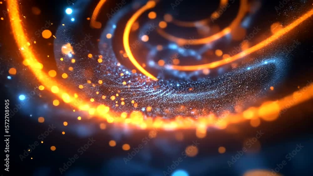 Abstract swirling galaxy animation with glowing light trails and sparkling particles