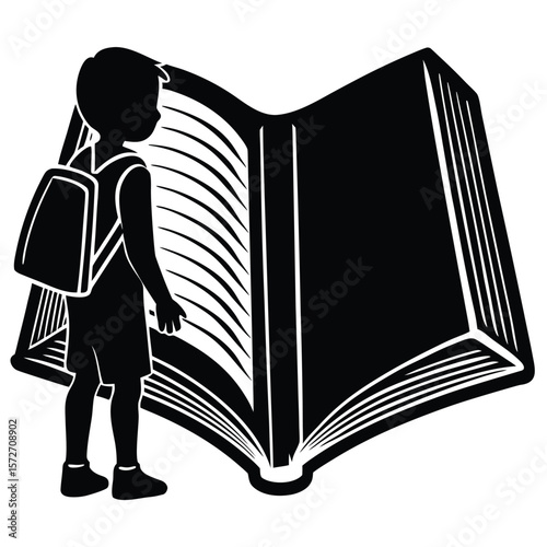 Silhouette of Child with Backpack Reading a Large Book