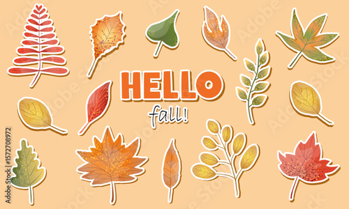 Set of stickers with autumn leaves. Hello autumn sticker! Cute autumn leaves of willow, maple, sugar maple, rowan, oak with trendy textures for scrapbooking. Flat vector collection on orange isolated 