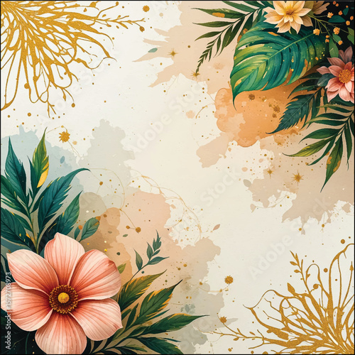 Elegant Tropical Floral Watercolor Design with Gold Accents, A beautiful, artistic floral design featuring lush tropical leaves, delicate flowers, and intricate gold accents.