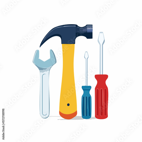 Handyman Tools Set: A collection of essential tools for DIY projects, including a claw hammer, adjustable wrench, and various screwdrivers. This illustration presents a handyman tools set.